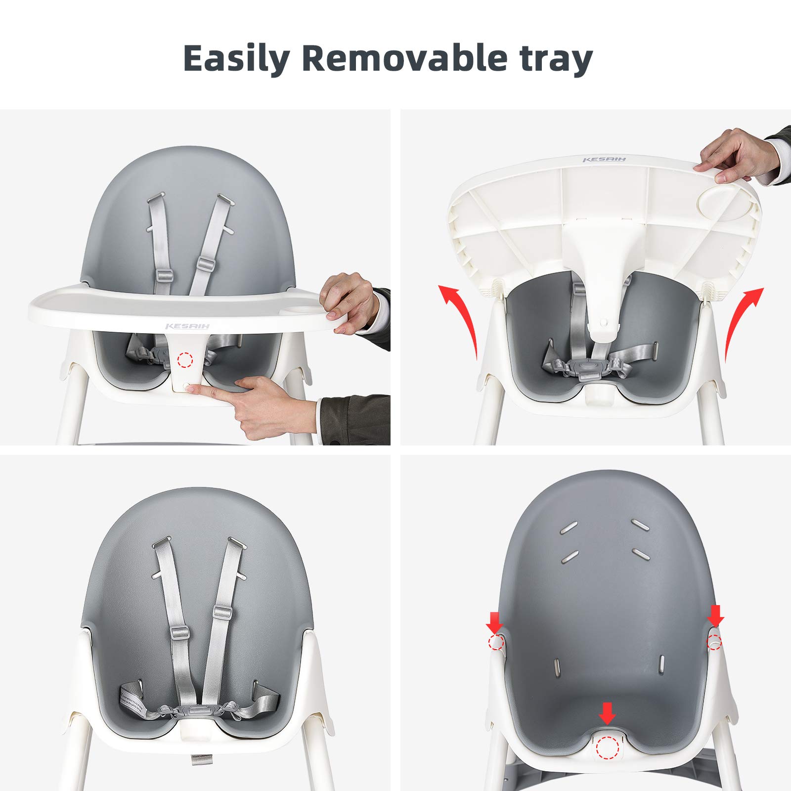 KESAIH High Chair, Height Adjustable High Chairs for Babies and Toddler with Easy-Clean Pu Cushion, Removable Tray, Adjustable Feet, 5 Point Safety Harness, Modern Toddler High Chair （Grey）