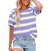 Womens Tops Cotton Casual Color Block Striped Short Sleeve Shirts Crewneck T Shirts Loose Basic Tee Blouses