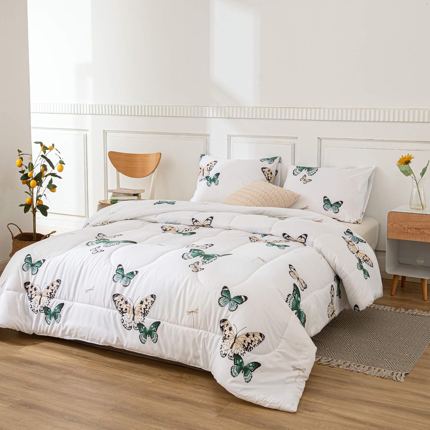Merryword Butterfly Comforter Set Green Butterfly Comforter Green Butterflies and Dragonfly Printed Down Alternative Comforter Microfiber Bedding King 1 Comforter 2 Pillowcases (King, Butterfly): Home & Kitchen