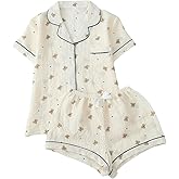 BEAUDRM Women's Two Piece Pajama Sets Allover Print Short Sleeve Sleepwear Button Down Shirt and Bow Shorts Pj Set Loungewear