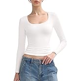 PUMIEY Women's Long Sleeve T Shirts Scoop Neck Slim Fit Going Out Tops Double Lined Basic Tee Smoke Cloud Collection