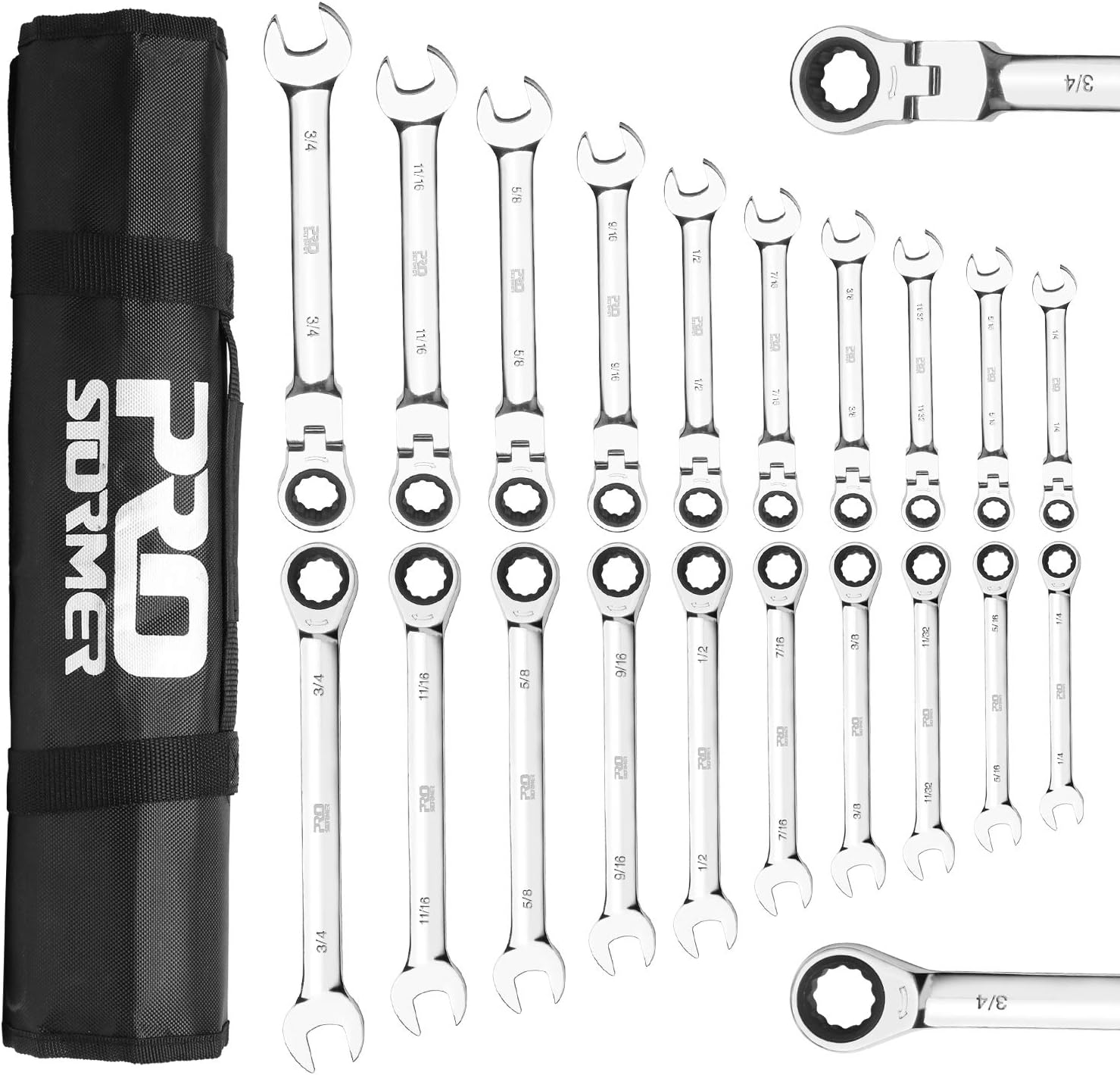 PROSTORMER 20-Piece SAE and Metric Ratcheting Wrench Set, Chrome Vanadium Steel Combination Ratchet Wrench Kit with Portable Roll-Up Canvas Bag (10Pcs Flex-Head + 10Pcs Fixed Head)