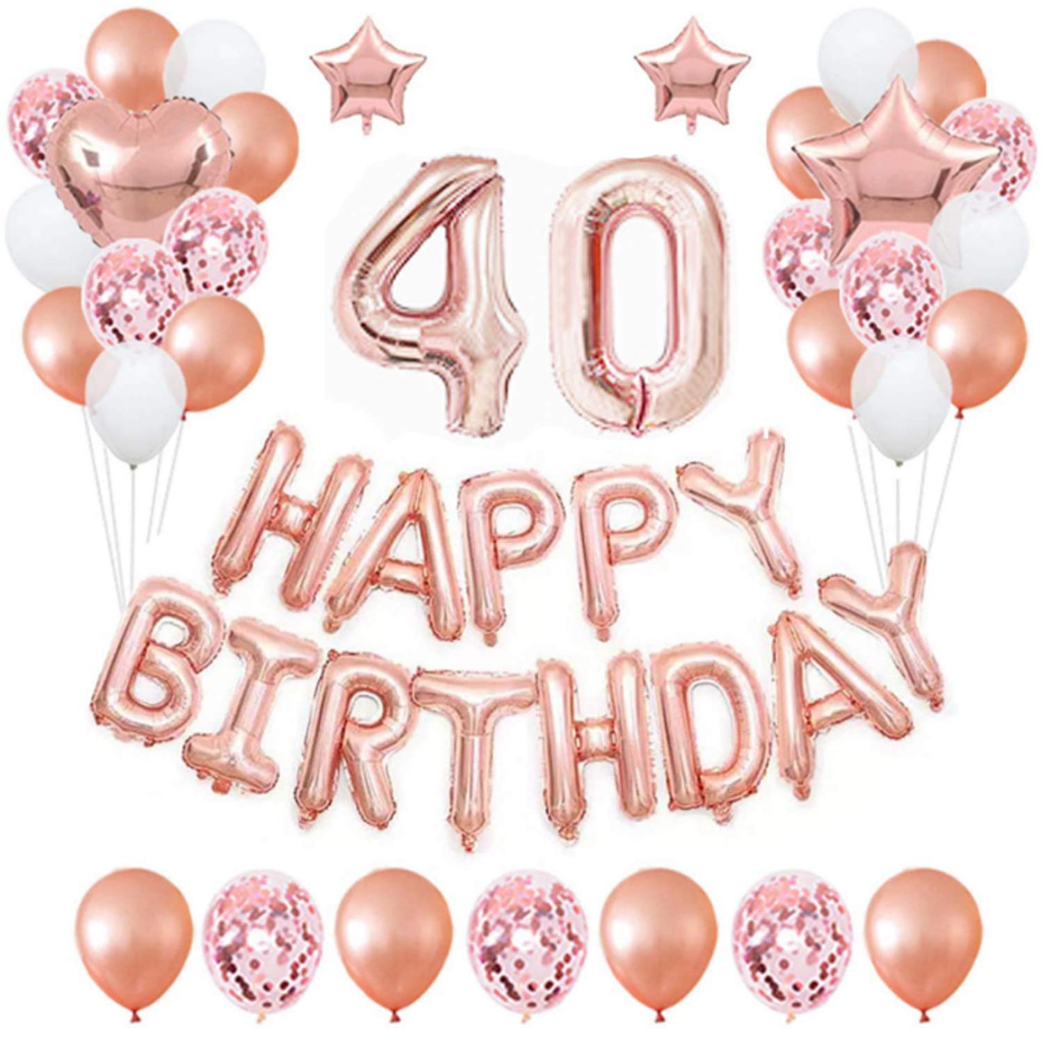 40th Rose Gold Birthday Party Decorations Pack 48PCS Banner Happy Birthday Decorations for Girls Women Party Supplies Happy Birthday Star Heart Rose Gold Foil Balloons Latex Balloons