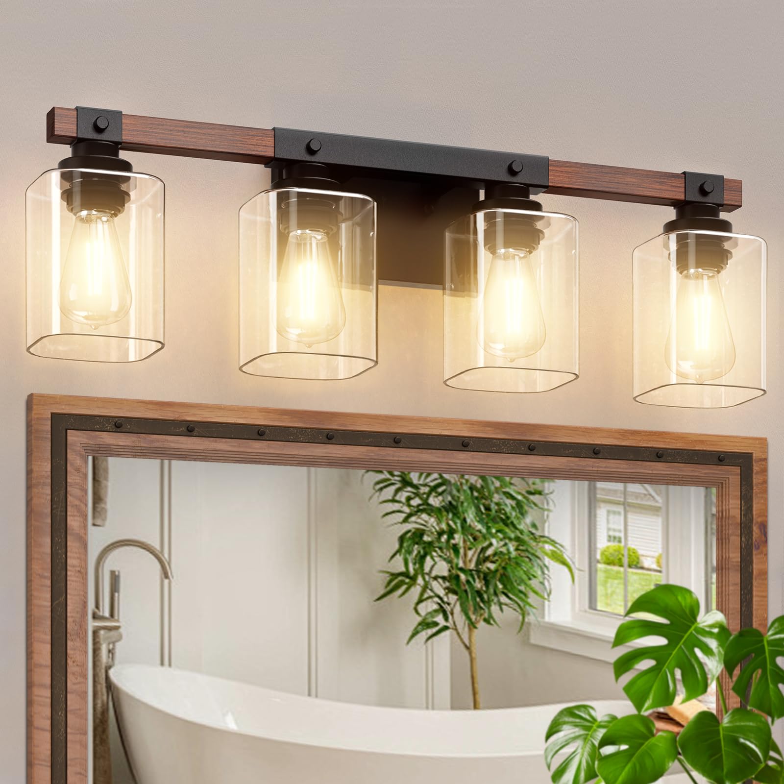 Photo 1 of Amico 4-Light Bathroom Vanity Light Fixtures, Rustic Industrial Painted Wood Vanity Lights for Bathroom, Vintage Black Wall Sconces Bathroom Vanity Lighting with Bubble Glass Shade, LQ0101