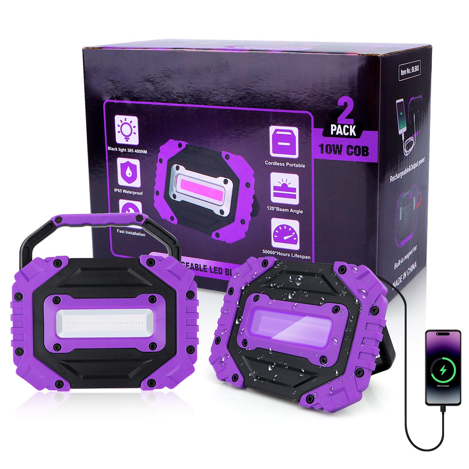 Photo 1 of roperry 2 Pack Rechargeable Black Light, 5000mAh Cordless Battery Powered Magnetic Portable LED Blacklight, 395nm Ultraviolet Flood Light for Glow, Dark Party, Catfishing,Halloween(2 Pack)