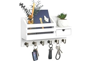 FifthQuarter Key and Mail Holder for Wall, Mail Organizer Wall Mount with 6 Hooks and Storage Drawer, Easy Installation Key Rack for Entryway and Home Decor (A-White)