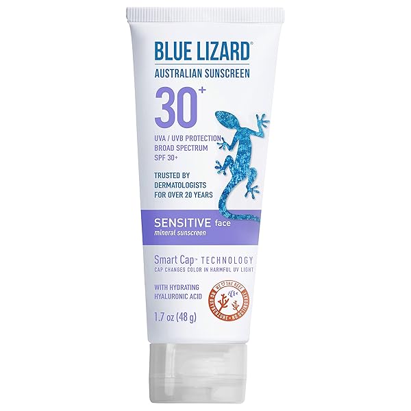 BLUE LIZARD SENSITIVE FACE MINERAL SUNSCREEN WITH ZINC OXIDE AND HYDRATING HYALURONIC ACID, SPF 30+, WATER RESISTANT, UVA/UVB PROTECTION WITH SMART CAP TECHNOLOGY – FRAGRANCE FREE, 1.7 OZ.