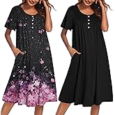 Ekouaer 2 Pack House Dresses for Women with Pockets Short Sleeve Moomoo Nightgown Plus Size Mumu Dress Floral Lounge Dress Cherry Blossoms Black/Black XXXL