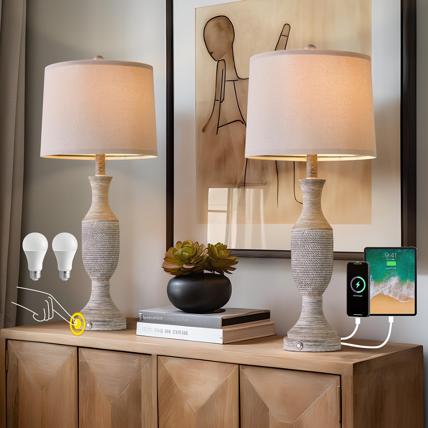 Photo 1 of OYEARS 27.75”Touch Table Lamp 3 Way Dimmable Free Control,Beside Lamps with USB Ports Outlets,Lamp Bedroom Set 2,Farmhouse Lamp for Bedroom,Living Room,Vintage Office Linen Fabric Shade Resin Base