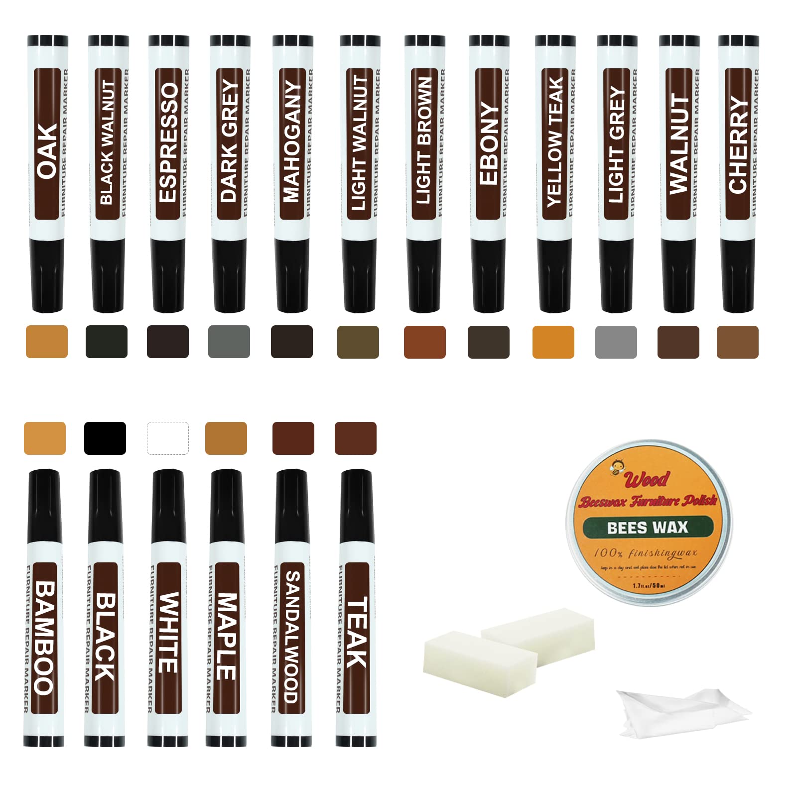 Photo 1 of Furniture Markers Touch Up Kit - New Upgrade 18 Colors Wood Scratch Repair Kit with Beeswax Furniture Polish, Wood Markers Pens for Scratches, Stains - Restore Wooden Floor, Table, Cabinet, Bedpost