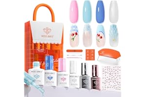 modelones Gel Nail Polish Kit with U V Light, Pearl White Glitter Baby Blue Light Pink Sky Blue Manicure Set with Cherry Stickers, Base Top Coat, 4 Colors Gel Mini Salon Starter Winter Christmas Gift