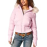 Zoziiee Womens Faux Fur Trim Hooded Jacket Winter Warm Quilted Puffer Bomber Padded Coat Utility Zipper Cropped Outwear