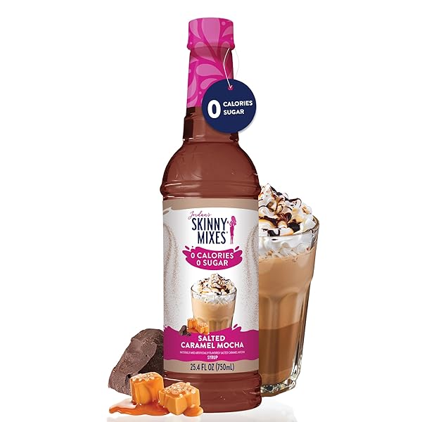 JORDAN’S SKINNY SYRUPS SUGAR FREE COFFEE SYRUP, SALTED CARAMEL MOCHA FLAVOR DRINK MIX, ZERO CALORIE FLAVORING FOR LATTES, PROTEIN SHAKE, FOOD & MORE, GLUTEN FREE, KETO FRIENDLY, 25.4 FL OZ, 1 PACK