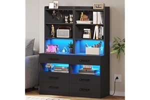 VIAGDO Tall Nightstand Set of 2 with Charging Station and LED Lights, Black Night Stand Set 2 with Bookshelf, Modern LED Bedside Tables with 3 Drawers and Storage Shelves, Side Tables for Bedrooms