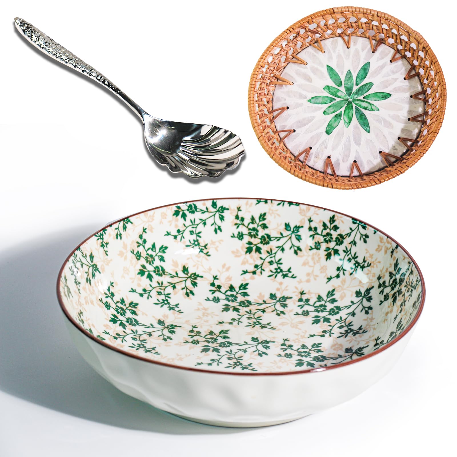 Photo 1 of 10"Ceramic Large Salad Serving Bowl with Serving Utensil & 7.8"Round Rattan Tray with Mother of Pearl Inlay for Vegetables, Fruit, Baking, Dessert, Kitchen, Party Diy, Pre Meal and Serve Dishes