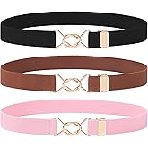 Kajeer Kids Elastic Belt for Girls,3 Pack Youth Belts Stretch Adjustable Gold Round buckle Toddler Belts for Uniform Casual