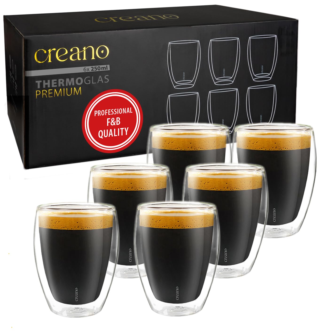Creano Set of 6 Double-Walled Thermal Glasses 250ml – Premium Borosilicate Glass for Coffee, Tea & Cappuccino – Insulated Hot & Cold – Dishwasher Safe – Gastronomy Quality