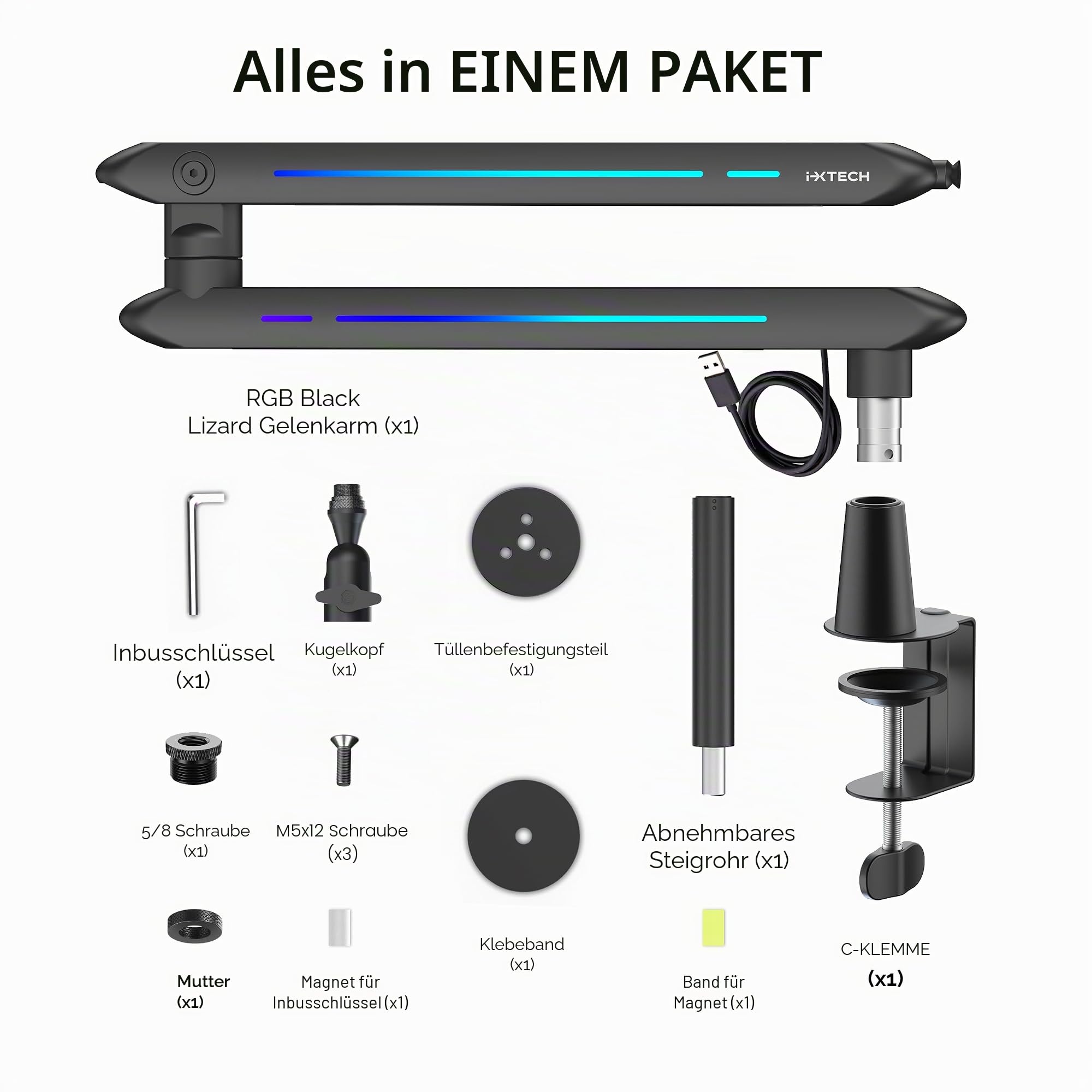 IXTECH RGB Low Profile Galgenarm für Mikrofon, verstellbarer Mikrofonarmständer mit Tischhalterungsklemme, drehbarer Mikrofonarm Mikrofonständer mit Kabelmanagement für Podcast-Streaming, 9