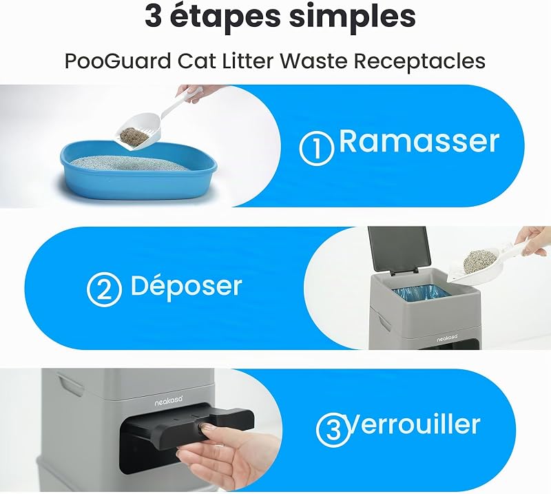 PooGuard Poubelle à litière pour chat, déjections canines et couches, avec fenêtre de visualisation, ouverture plus large et sac de recharge de 4 mois (gris)