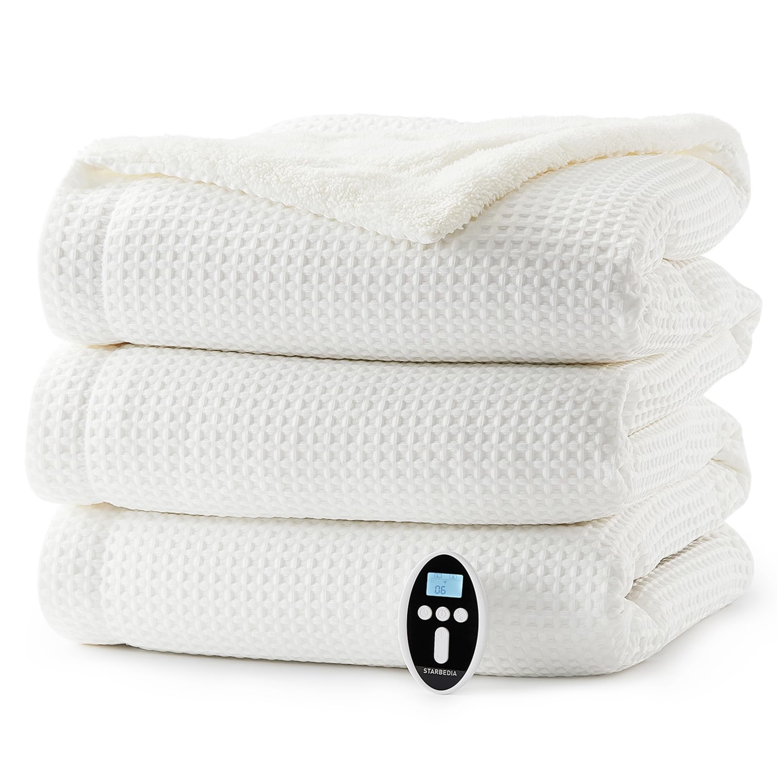 Photo 1 of STARBEDIA Electric Blanket King Size with Wireless LCD Controller, Waffle Fast Heating Heated Throw Blankets Machine Washable, 6 Heat Levels & 2-10H Time Settings, ETL Certified, White, 100" x 90"