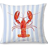 Exqcom Coastal Lobster Pillow Covers, New England Nautical Red Lobster Blue White Stripes Throw Pillow Covers for Beach House