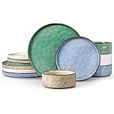 LIANYU 12 Piece Dinnerware Sets, Stoneware Tableware Dish Set for 4, Plates and Bowls Dishware for Dinner Dessert Pasta, Chip & Scratch Resistant, Multi-color