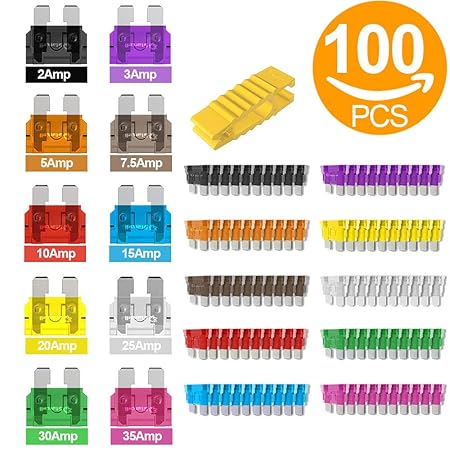 Digiten Verschiedene Standard-Flachsicherungen für Autos, 2 A, 3 A, 5 A, 7,5 A ,10 A, 15 A, 20 A, 25 A, 30 A, 35 A (100 Stück