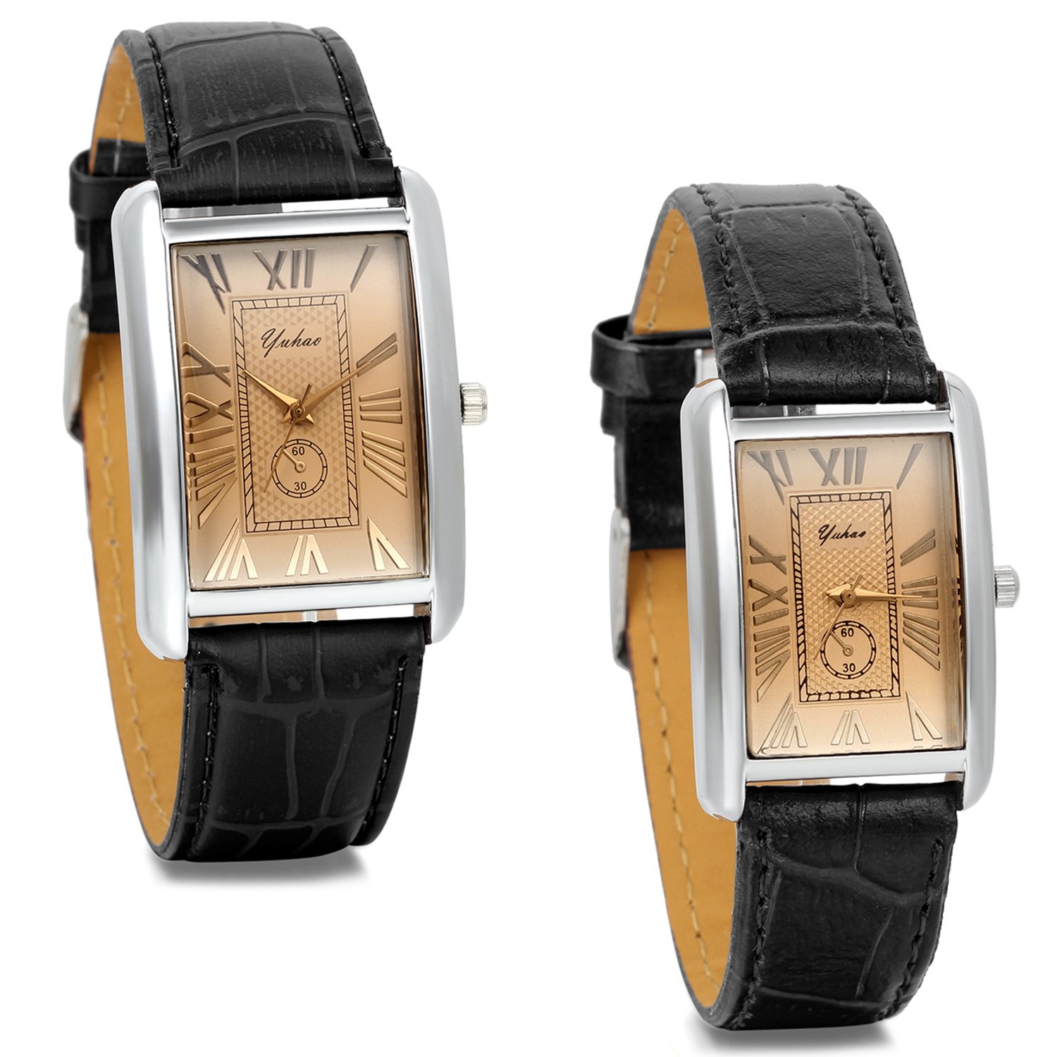 JewelryWe Unique Square Dial Fashion Design Pair His and Hers Wrist Watches Black Set of 2