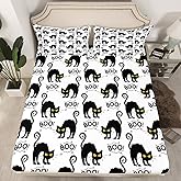 Cute Black Cat Pattern Bedding Fitted Sheet Halloween Bed Sheet Set for Kids Boys Girls Cartoon Halloween Cat Animal Bedding Sheets Festival Decor Bed Cover with 2 Pillowcases 3Pcs Bedding Full