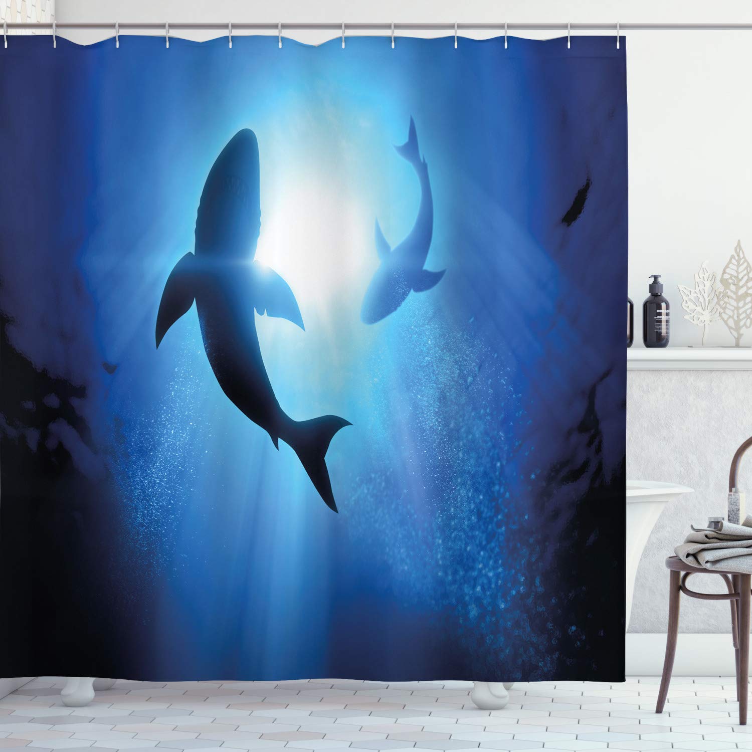 ABAKUHAUS Shark Shower Curtain, Underwater World Fish Silhouettes Circling in The Sea Surreal Ocean Life Print, Cloth Fabric Bathroom Decor Set with Hooks, 70" Inches, Royal blue