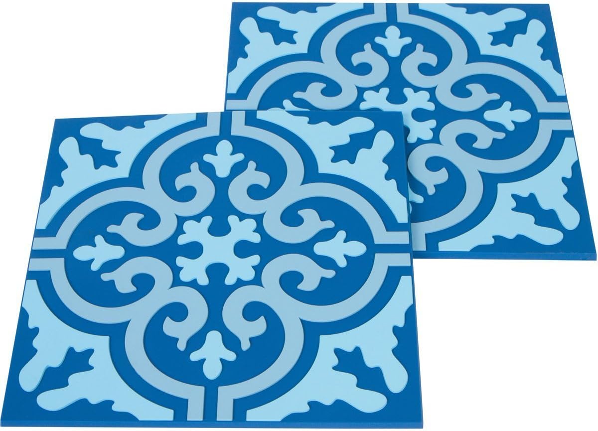 Planet Ethnic Blue Moroccan Tile Washable Durable Unbreakable Soft PVC Designer Trivet Set. 2 Trivets, 7 inch square with 0.2 inch thickness. Protect your tables from hot plates, pots.