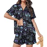 HUNTFAMI Women Silky 2 Pcs Satin Pajama Set Long Sleeve Button Down | Satin pajama set; Short-sleeves in a coordinated 2-piece; funny printed; colourful style
