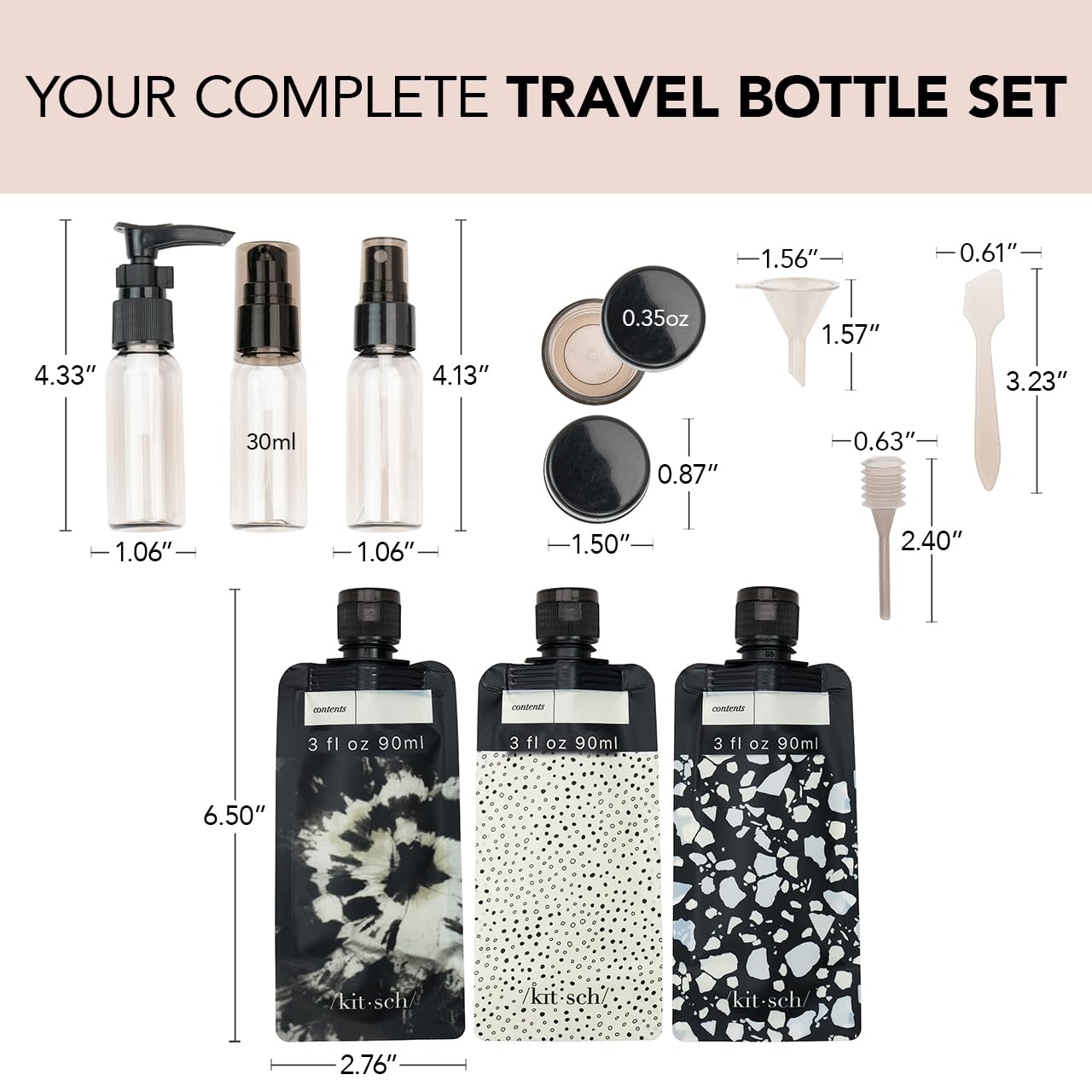 Kitsch 11 PCS Travel Bottles for Toiletries – Travel Essentials Kit for Shampoo, Conditioner, Lotion & More - TSA Approved Travel Bottles, Leak-Proof Refillable Travel Size Containers - Black & Ivory