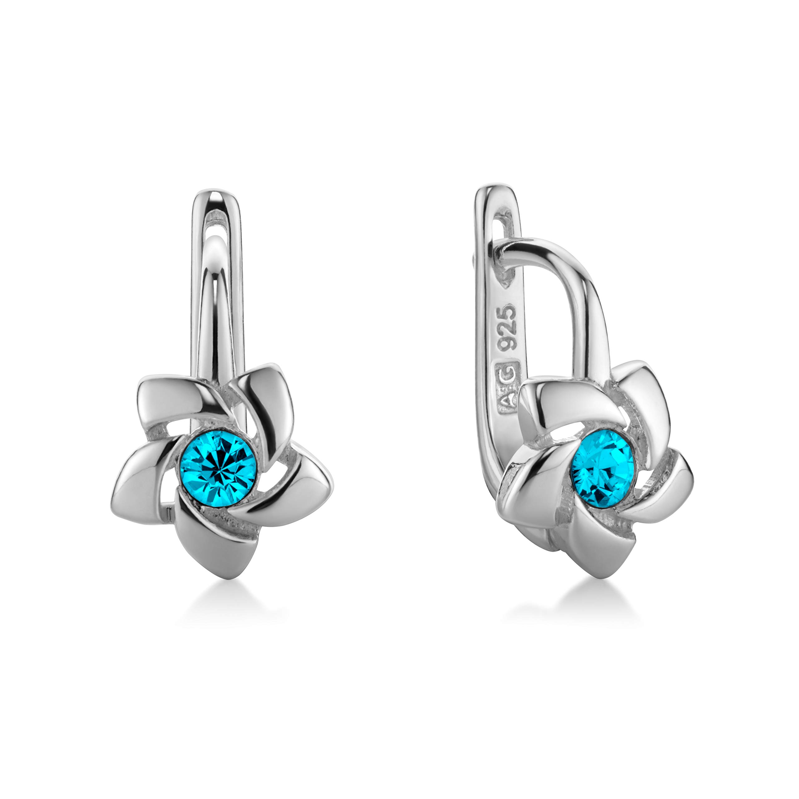Butterfly Sterling Silver Childrens Earrings With Flower Design And Blue Crystal