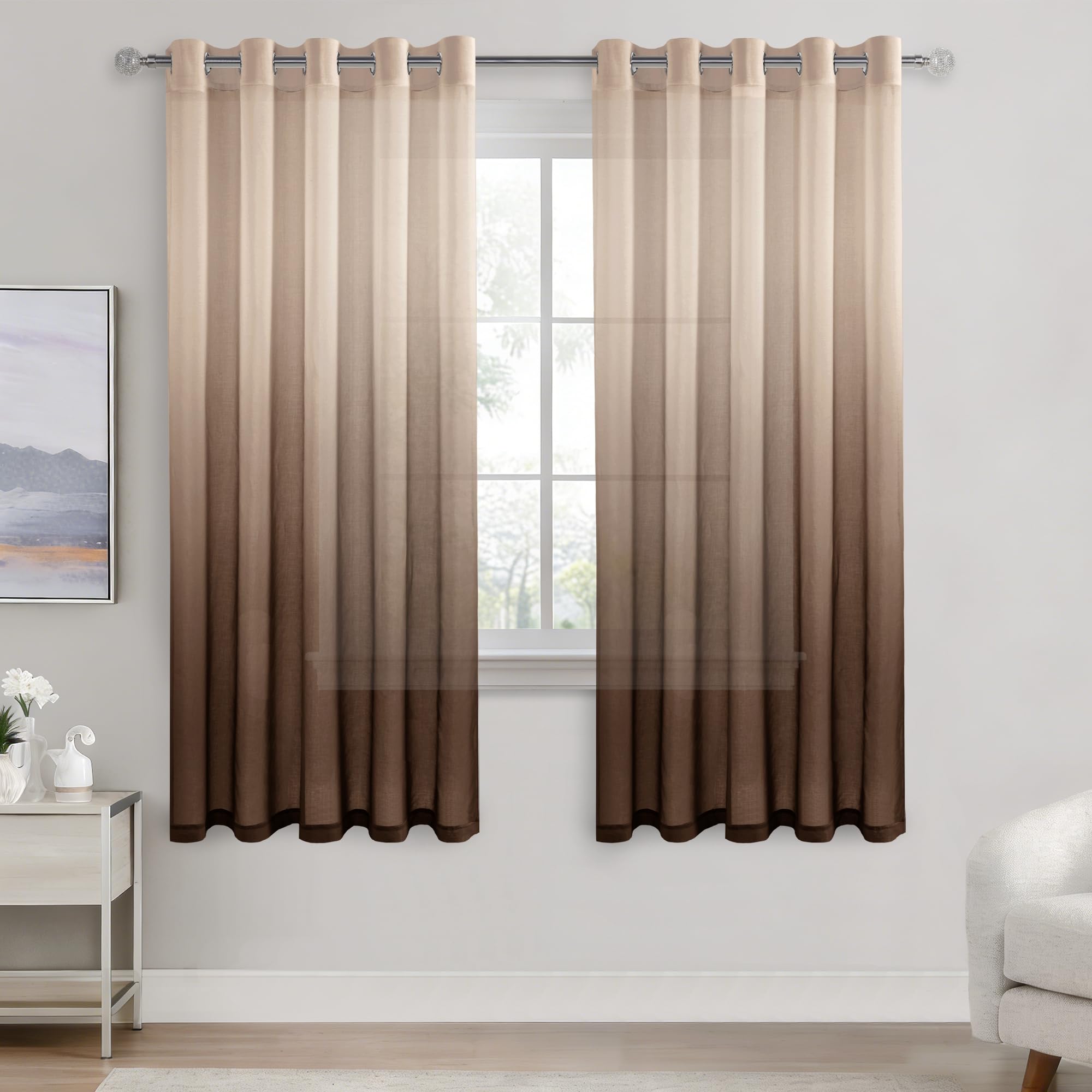 DWCN Voile Net Curtain 72 Drop Pair Brown Gradient Curtains for Living Room Sheer Curtains for Bedroom Eyelet Set of 2, 66 x 72 Inches