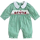 Thorn Tree Newborn Baby Boy Outfit Dinosaur Embroidery Plaid Long Sleeve Romper Fall Infant Smocked Clothes