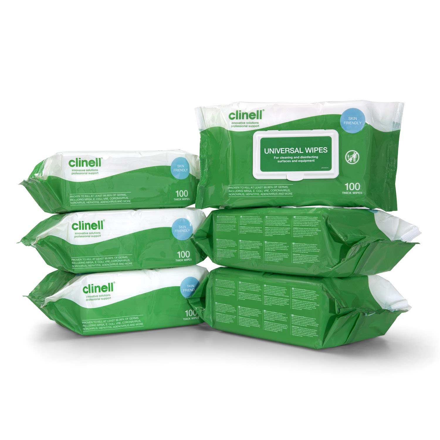 Clinell Universal Cleaning and Disinfectant Wipes for Surfaces (BCW100-1), 6 Packs of 100 Extra Thick Heavy Duty Wipes