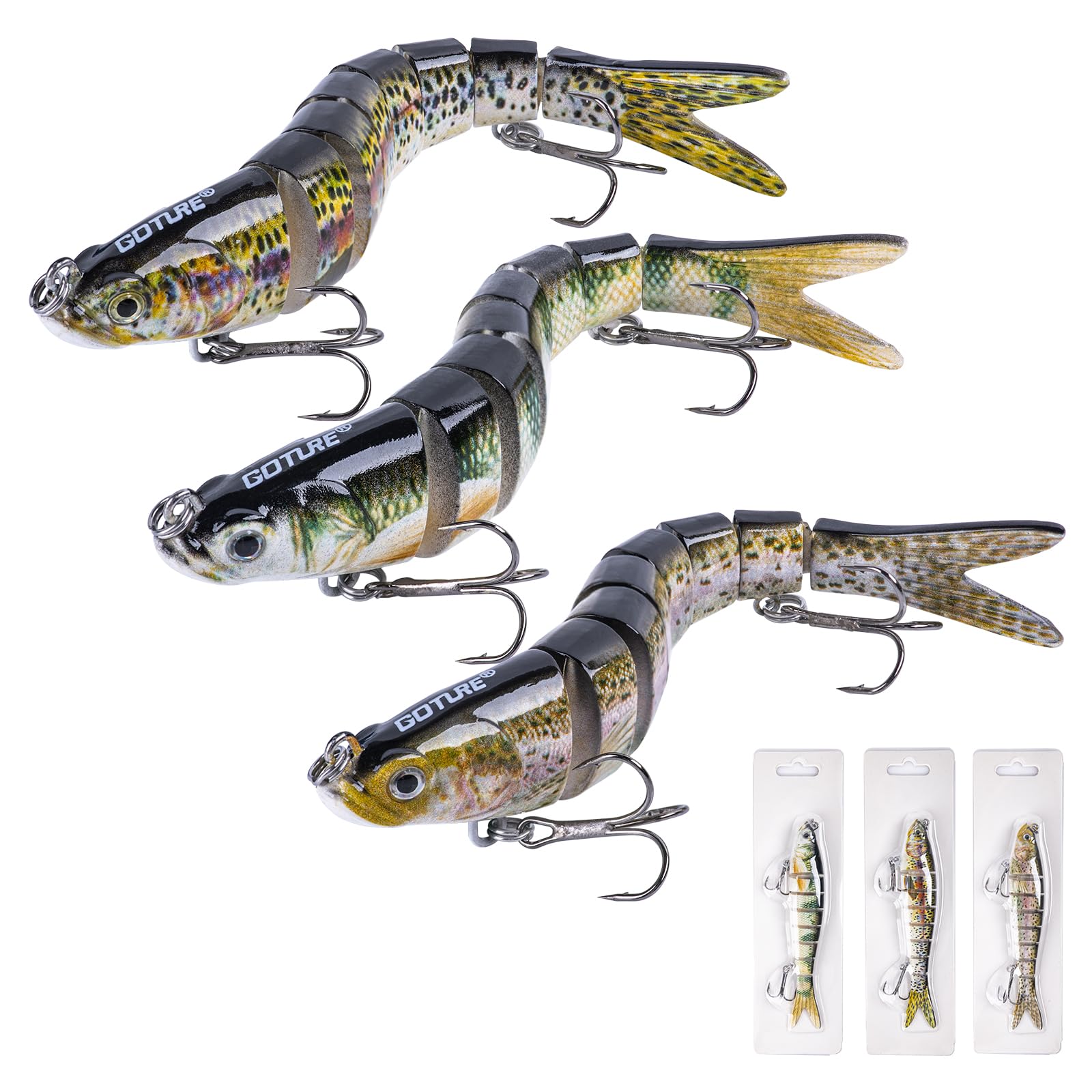 Goture 3 Pcs Bass Fishing Lures, Lifelike Jointed Swimbait for Bass Trout Walleye Crappie Pike, Slow Sinking Segment Swimming Bait Fishing Lures for Freshwater and Saltwater, 3.9 Inches 0.37 Oz