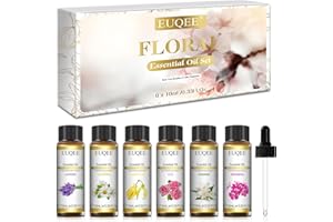 EUQEE Floral Essential Oils Set of 6 Pure Essential Oil Gift Set for Diffusers, Soap & Candle Making - Lavender, Rose, Ylang Ylang, Jasmine, Geranium, Chamomile Aromatherapy Oils - 10ml