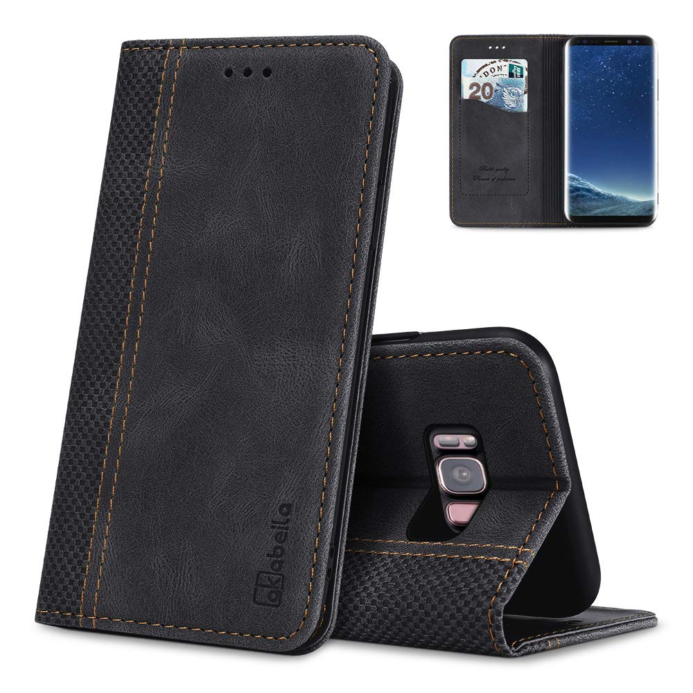 AKABEILA Case for Samsung Galaxy S8 Premium Leather Flip Wallet Case with Magnetic Closure Kickstand Card Slots Folio Phone Case Cover Shockproof Black