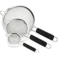 Eleen Stainless Steel Strainer | Set of 3 Kitchen Strainers Available Sizes (S,M,L) | Perfect Strainers for Kitchen Use (Black Handle Pack of 3)