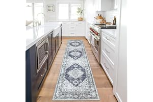 EARTHALL Hallway Runner Rugs 2x8, Kitchen Runner Rug Non Slip, Washable Bathroom 2x8ft Runner,Soft Boho Vintage Indoor Rug for Entryway, Bedroom, Bedside, Laundry Room,Grey