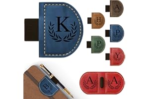 AOQUNXI Personalized Bygone Mark Bookmark with Pen Holder, Magnetic Bookmarks with Vintage 26 Letters, Engraving Leather Magnetic Pen Holder Bookmark for Women Book Lovers Gifts (Blue, K)