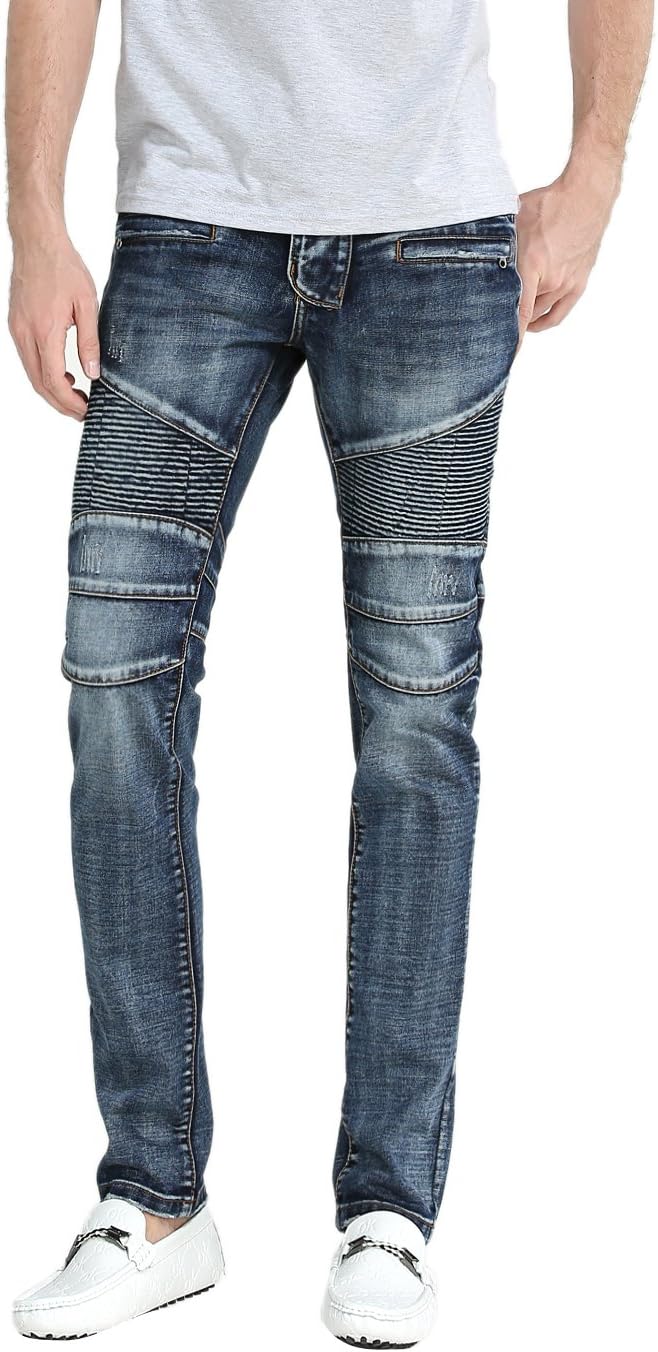 Qazel Vorrlon Men's Blue Biker Skinny Distressed Ripped Slim Washed Denim Jeans
