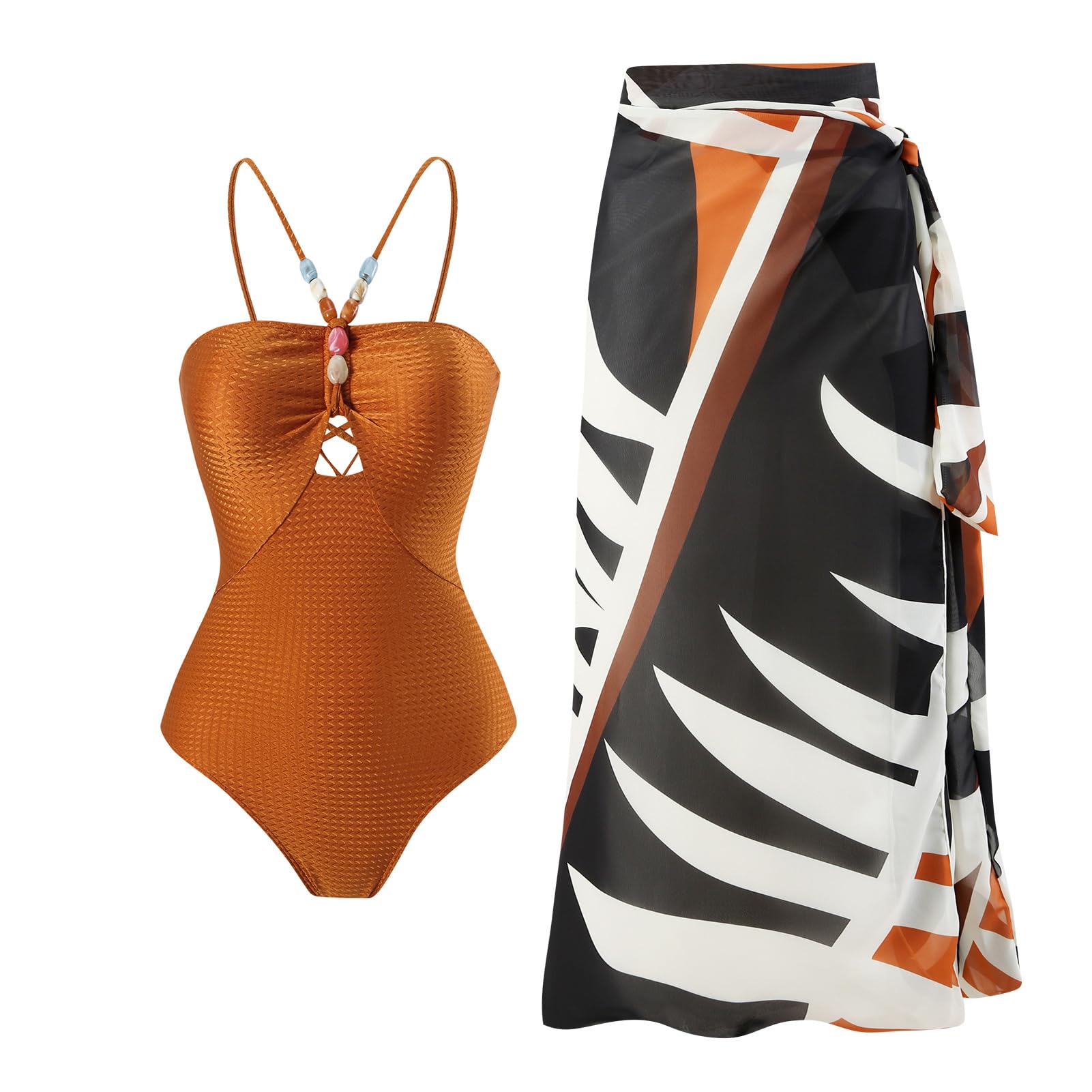 Photo 1 of *MISSING SARONG* Beach Cover Up Women Floral One Piece Swimsuits for Women Sarong Skirt Wrap 2 Pieces Swimming Suit Floral Print Swimsuit Ruffle Bathing Suits Monokini Padded Bathing Suit Skirt Set Brown Y183 M