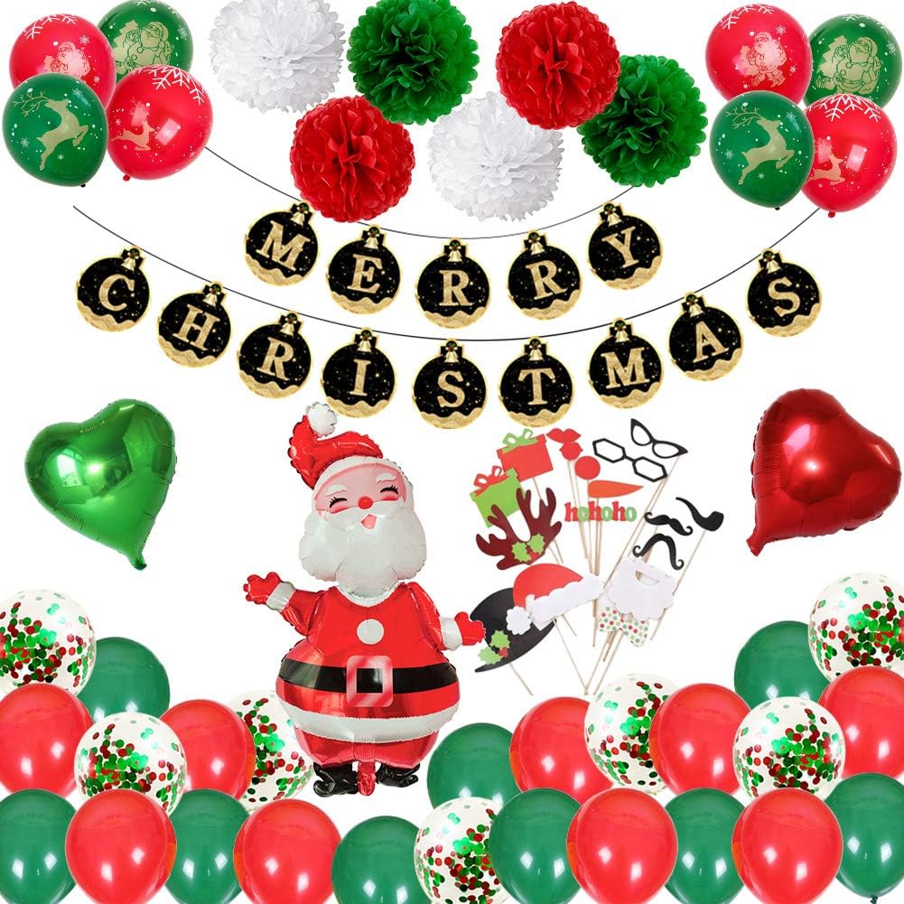 HULASO Christmas Decorations Set Merry Christmas Balloons Decorations Banner for Kids Christmas with Paper Pompoms Flower Photo booth props for Christmas Party Decoration Supplies