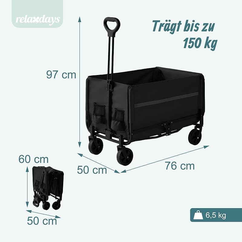 Bollerwagen, faltbar, 150 kg, Teleskopgriff, Heckklappe, schwarz