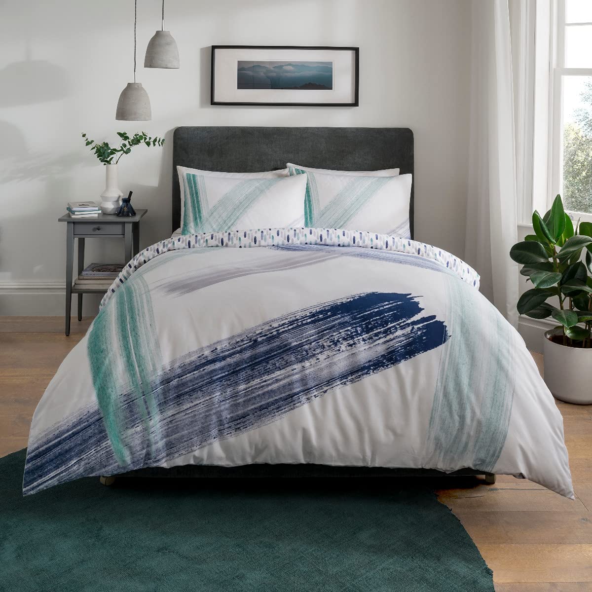 Sleepdown Abstract Brush Strokes White Teal Navy Reversible Duvet Cover Quilt and Pillow Cases Bedding Set Soft Easy Care - Super King (220cm x 260cm), 5056242830351