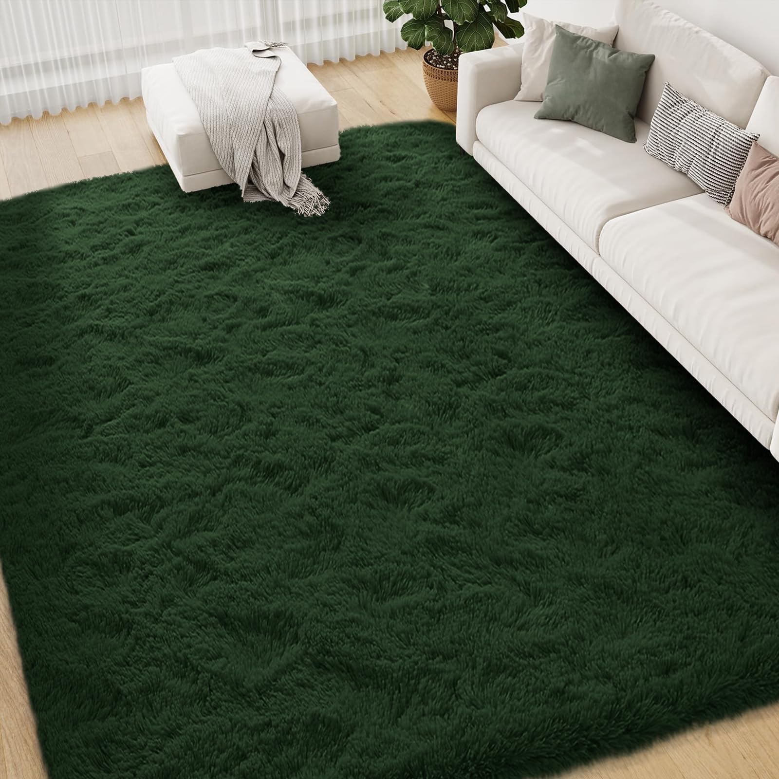 Photo 1 of FVVRAX 6x9 ft Ultra Soft Shag Area Rug - Plush Fluffy Non-Shedding Carpet for Bedroom & Living Room, Modern Home Decor Bedside Rug for Kids Nursery Dorms, Easy Clean, Dark Green