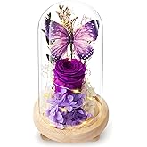 JIGQGY Forever Flowers Preserved Roses Prime Delivery, Romantic Gifts with Light in Glass Dome for Mom Grandma Wife Girlfriend, Purple Flower for Valentine's Day, Mother's Day, Anniversary, Birthday